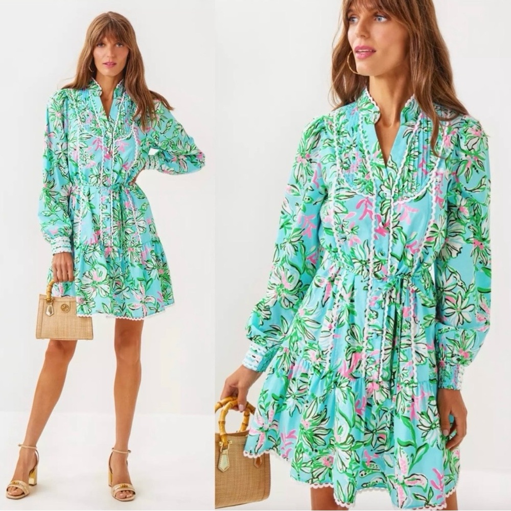 NWT Lilly Pulitzer Aqua Floral Ruffle Arletta Sun of a Bun Tie-Waist Dress Sz 4
